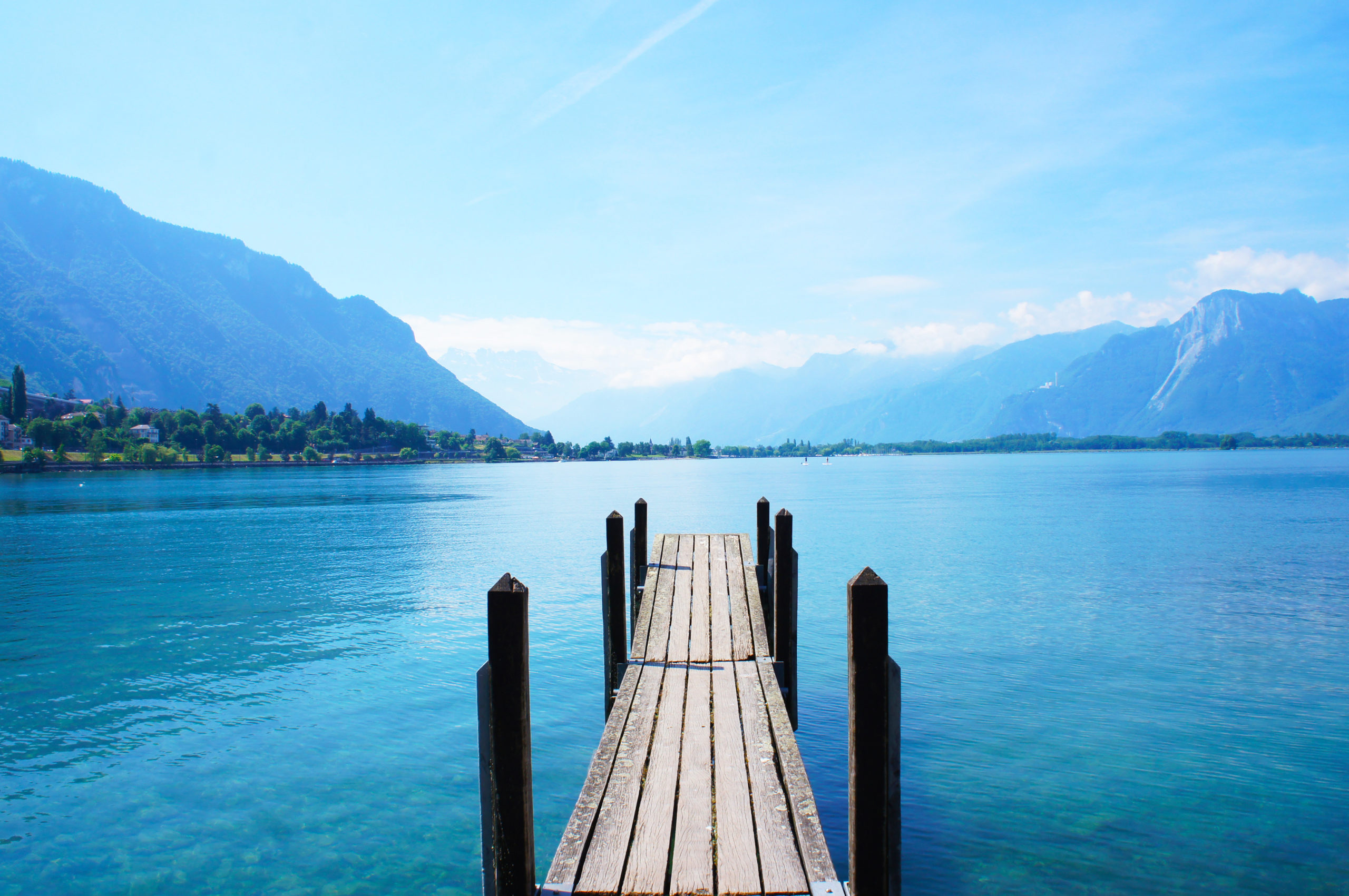 Old boat dock near Chateau de Chillon, Montreux, Switzerland at leman geneva lake